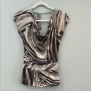 Elie Tahari Chantal Ice cap silk shirt, tie back,multi brown/cream/tan .